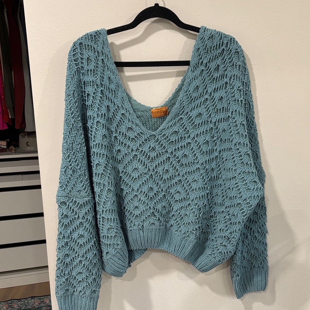 POL Teal V-Neck Knit Sweater